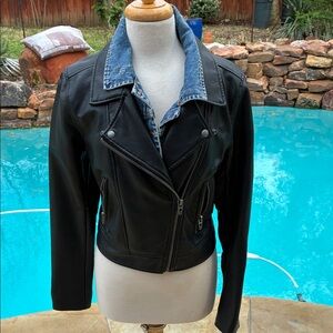 Blank NYC Black Faux Leather Moto Jacket with zip out Denim Collar Detail L